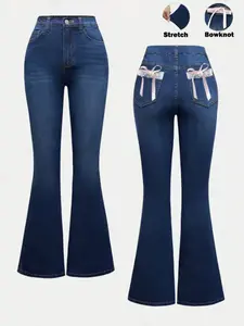 Y2K Women's Bell Bottom Jeans with Bow, Elastic Denim Long Pants, Casual Slim Fit, Perfect for Daily Wear and Parties