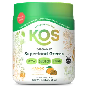 KOS Organic Superfood Greens - Mango Flavor Daily Dietary Supplement with Prebiotic Fiber & Probiotics for Digestion & Immunity 9.38 oz