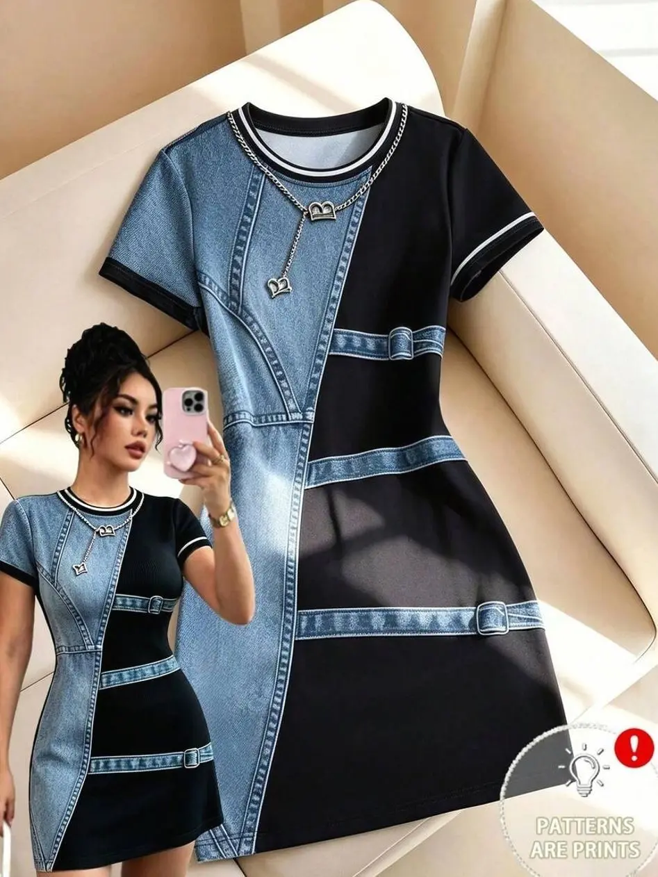 GlowEve Women's Casual Mid-Length Digital Print Denim Effect Round Neck Short Sleeve Dress Suitable For Work And Commuting