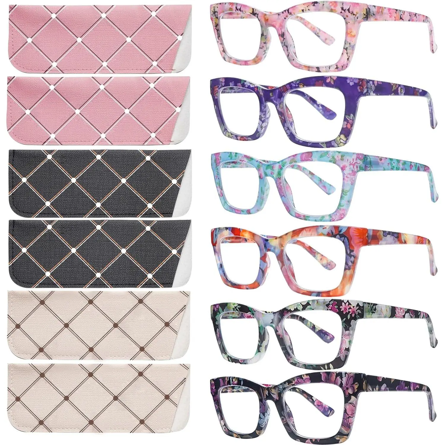 Unisex High Quality Eyewear 6-Pack Oprah-Style Statement Frame Glasses, Bluelight Blocking Square Frames, Spring Hinges Multi Pack Reading Glasses