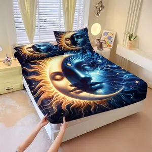 3pcs Sun Moon Face Printed ​Fitted Sheet Set, Comfortable And Breathable Bedding Set (Includes 1 Bed Sheet, 2 Pillowcases, No Fillers), Full Package Design, Suitable For All Seasons, Suitable for Multiple Home Decoration Styles