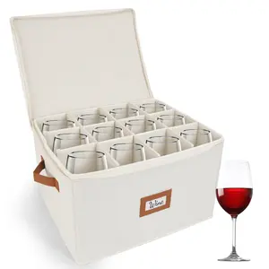 HOMELUX THEORY Ivory Hard Shell Wine Glass Storage Box with Dividers Heavy Duty Moving Container for Stemware & Glassware Kitchen Organization