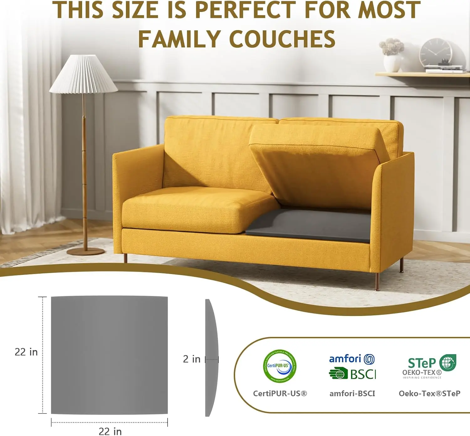 MYLIFESION Couch Cushion Support for Sagging Seat, 22x22x2 inches | High-Density Foam Sofa Cushions Support, Under Cushion Sag Repair
