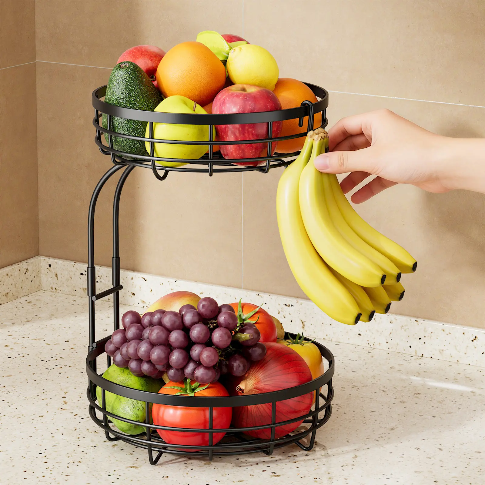 Kitchen Counter Organizer 2-Tier Fruit Basket Bowl with Banana Holder | Rust-Proof Metal Veggie & Bread Storage | Home Decor Aesthetics