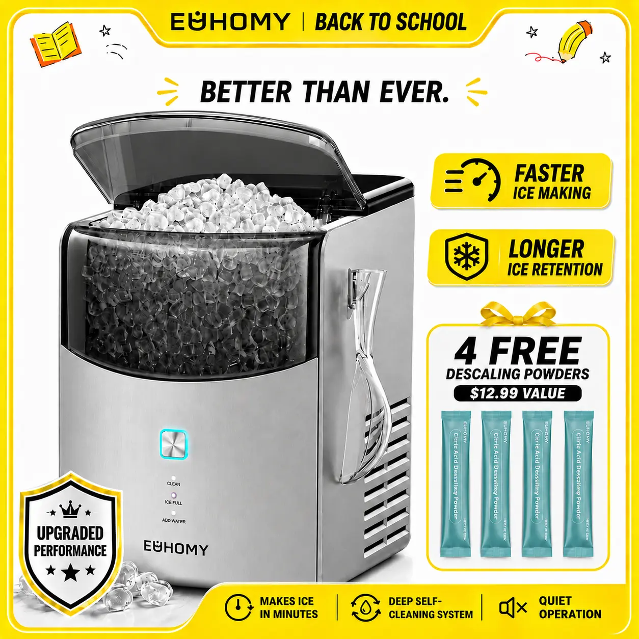 Euhomy Countertop Nugget Ice Maker | 35Lbs Daily Pebble Ice Ready In 5 Mins！Dual Pump Self-Clean Crushed Ice Machine With Basket Scoop & Cleaning Packs Grey