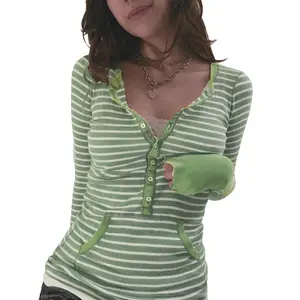 Women’s Striped Long Sleeve Knit Top – 3/4 Button Pullover with Pockets – Casual Streetwear Shirt for Spring, Summer & Fall Fabric Fashion Fit Polyester Breathable Beach