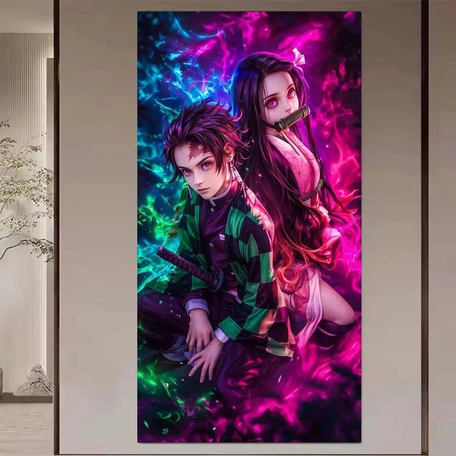 1 set of DIY diamond painting kit, 5D diamond art set, DIY decoration with colorful light effects, Neon, samurai costume, long hair. Mosaic, diamond art, DIY art home decor.