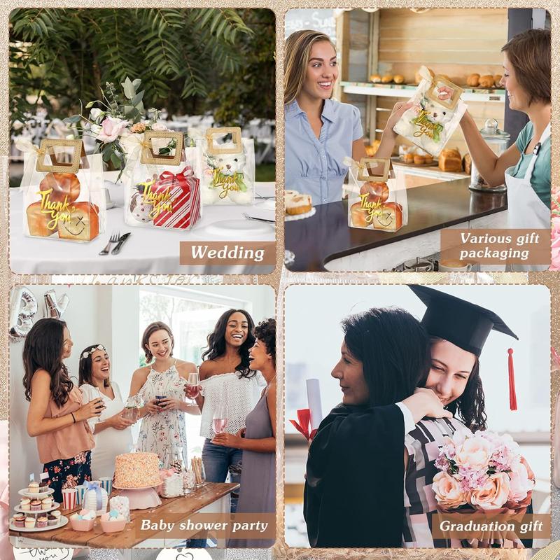 12 count Clear  Bags with Handle Thank You  Handbags Transparent PVC Wrap Bags  Heavy Duty Totes for Bridal Party  Shower Wedding Birthday 7 x 4 x 8 Inch()