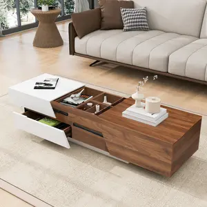 Extendable Coffee Table with Sliding Top for Living Room with 2 Drawers+2 Mobile Boxes+4 Partition Spaces Multifunctional Office Bedroom 47.2"-72.8", White/Walnut(Rectangle)