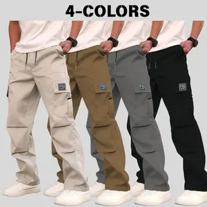 Men’s cargo casual pants featuring a drawstring elastic waistband and a 3D multi-pocket design; loose straight fit for comfort and breathability; available in multiple colors; suitable for everyday wear, streetwear, commuting, and more. Menswear Beige