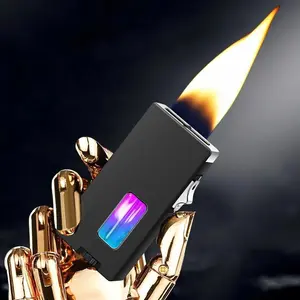 (Butane gas not included) Cool lighter - with extra wide soft template - smart shake to turn off the flame, rechargeable zinc alloy electronic lighter, transparent window - ideal men's gift for outdoor camping