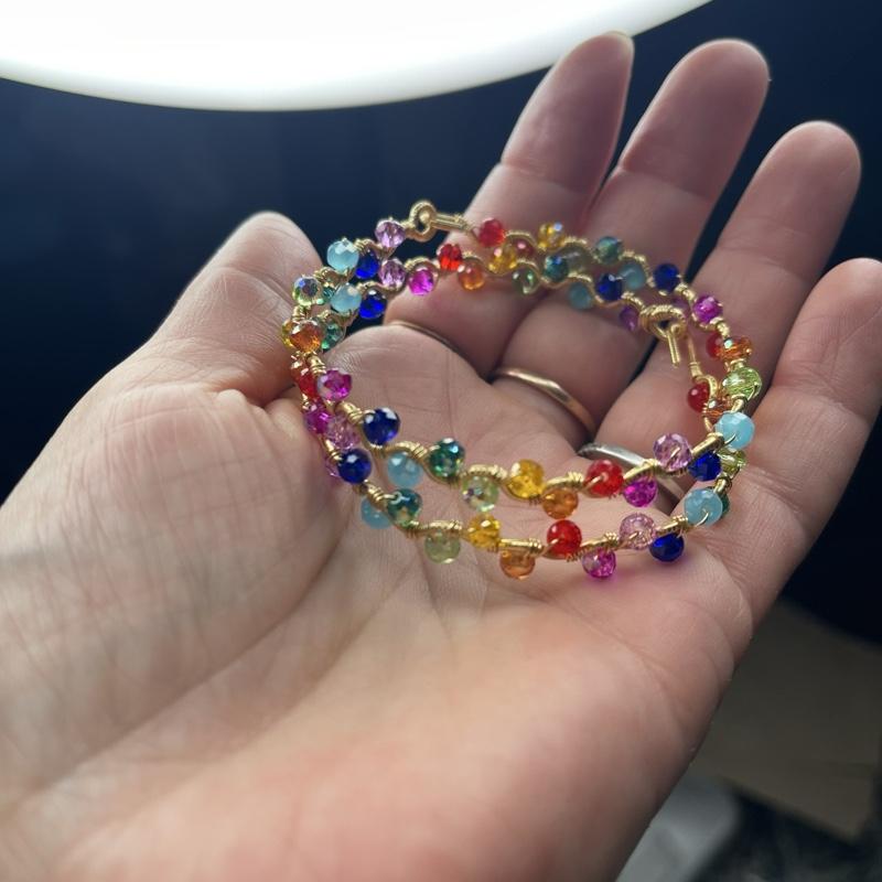 PRIDE Rainbow on Gold Copper Core Wire Wrap Dainty Wave Bangle Bracelet Handmade Adjustable Unique Design with Pink Pearl Hook Closure