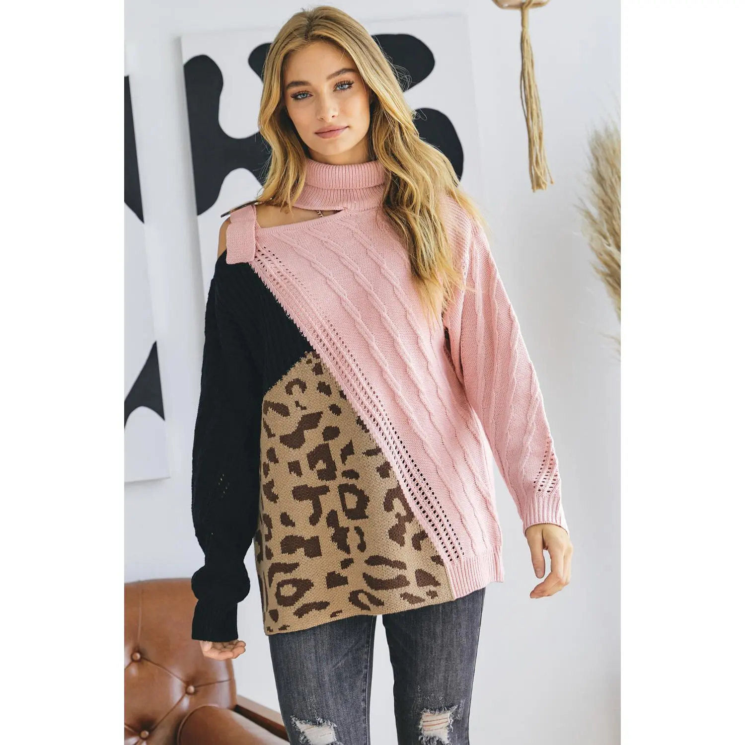 Women's Chic Pink Turtle Neck Color Block Cutout Knitwear, Stylish Soft Fabric Sweater, Style