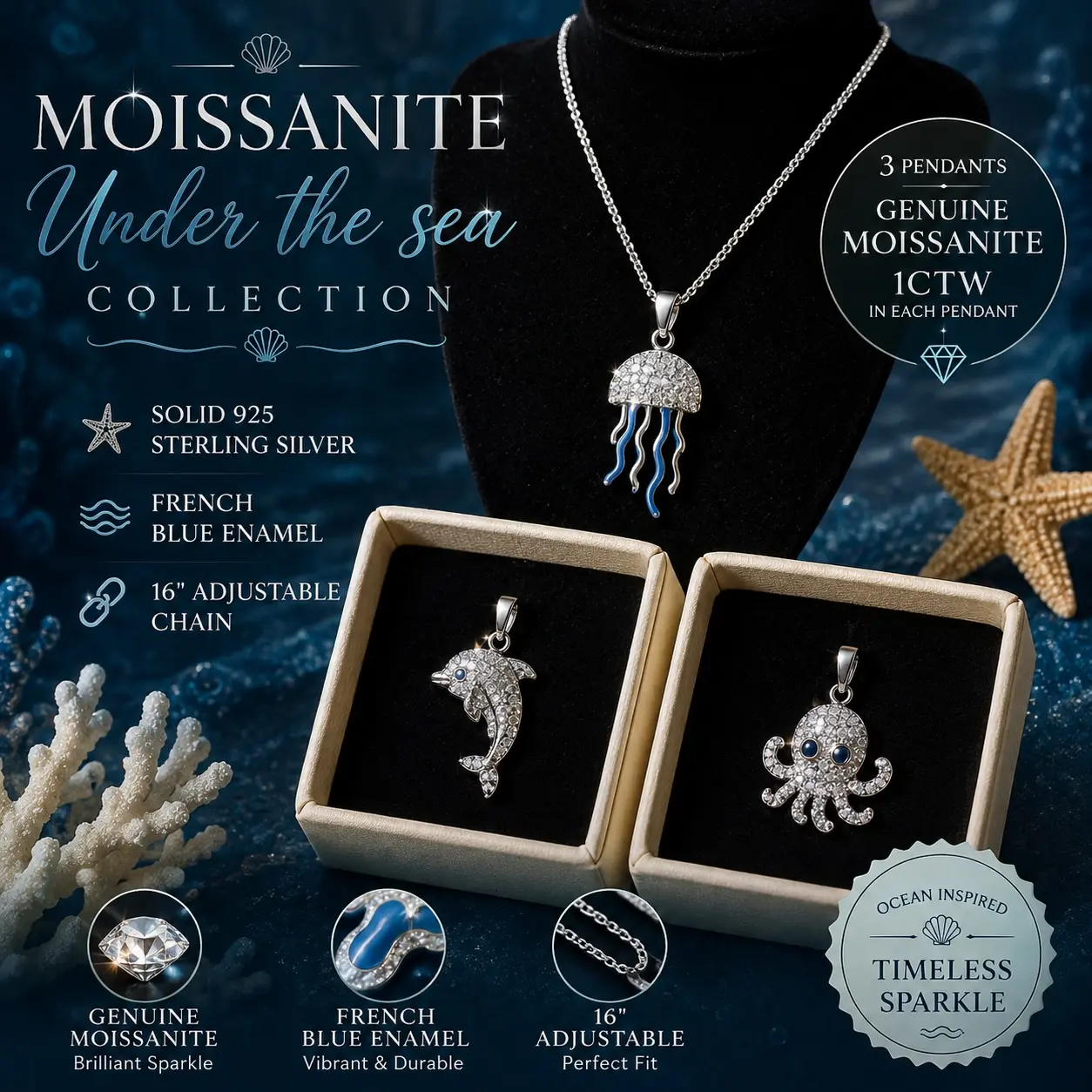 Moissanite UNDER THE SEA Collection: 3-Pendant in Sterling Silver Bundle