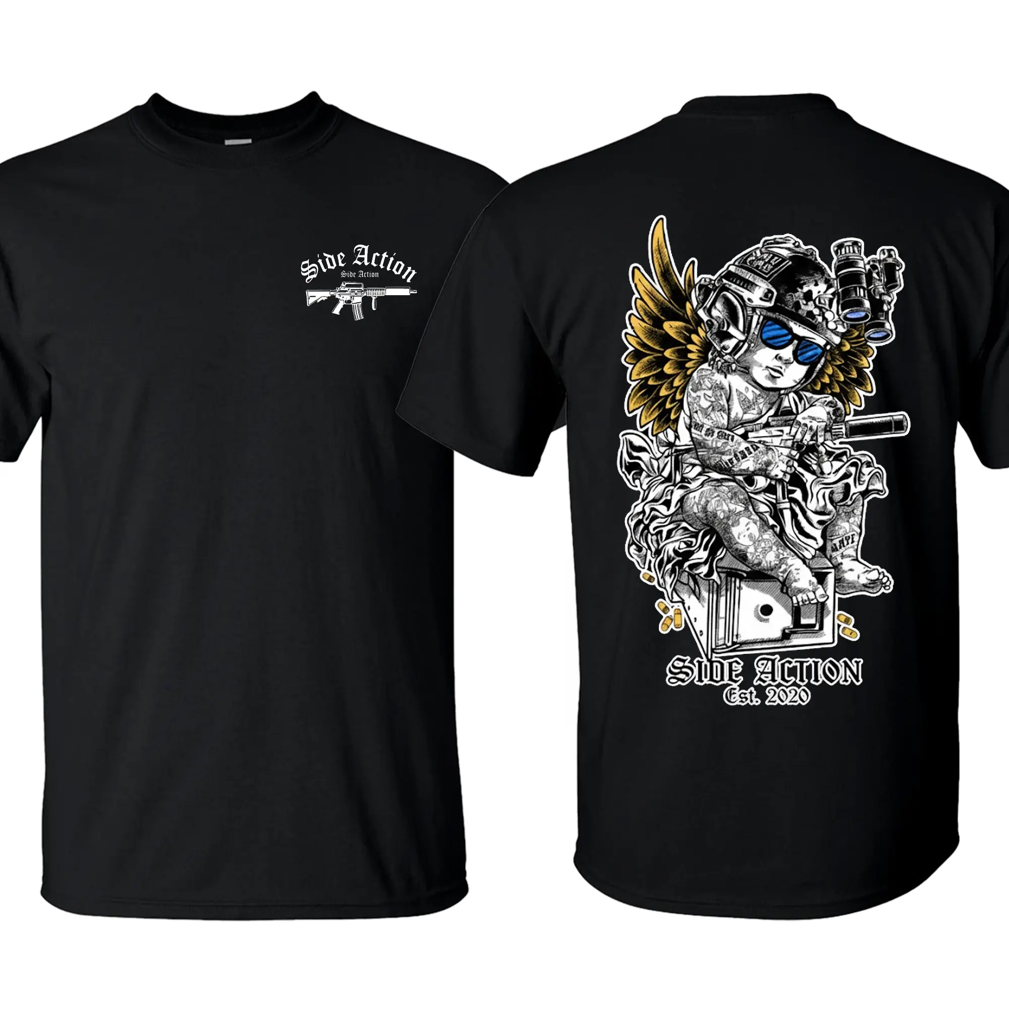 Side Action Armed Angel Sniper Graphic Tactical Cherub Streetwear Tee, Patriotic Military Graphic Tee, Perfect Gift for Veterans and Soldiers, Unisex Cotton Short Sleeve Shirt for Daily Wear, Outdoor Activities & Casual Street Style