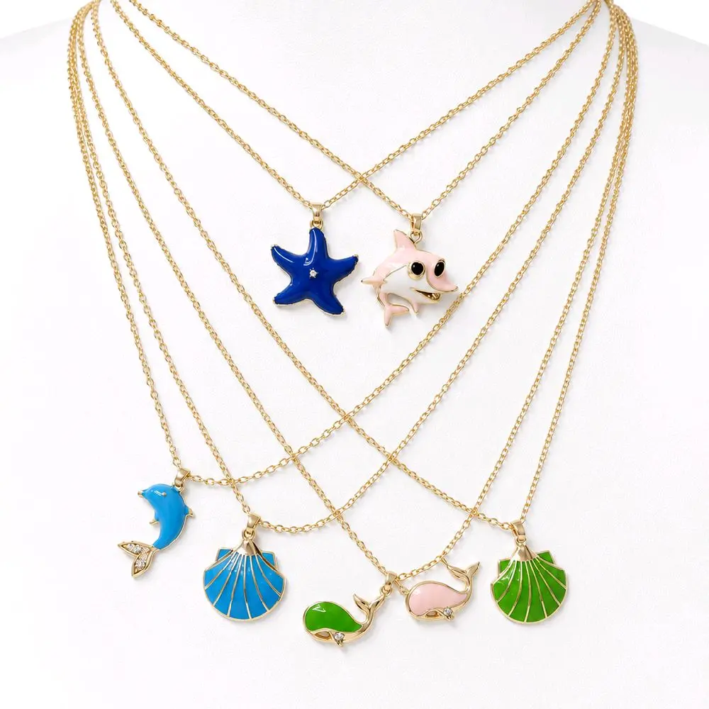 Ocean Charm Necklace Collection – Dolphin, Whale, Shark & Seashell Pendant Necklace | 14K Gold Plated 18" +2"Extension
