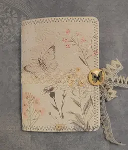 Spring Themed Mini Journal with Butterfly and Floral Design Lace Trim Decorative Button Closure