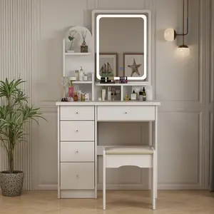 LED Makeup Vanity Set with Drawer & Shelf, Wood Dressing Table with Lighted Mirror and Jewelry Organizer for Bedroom, 31.5"