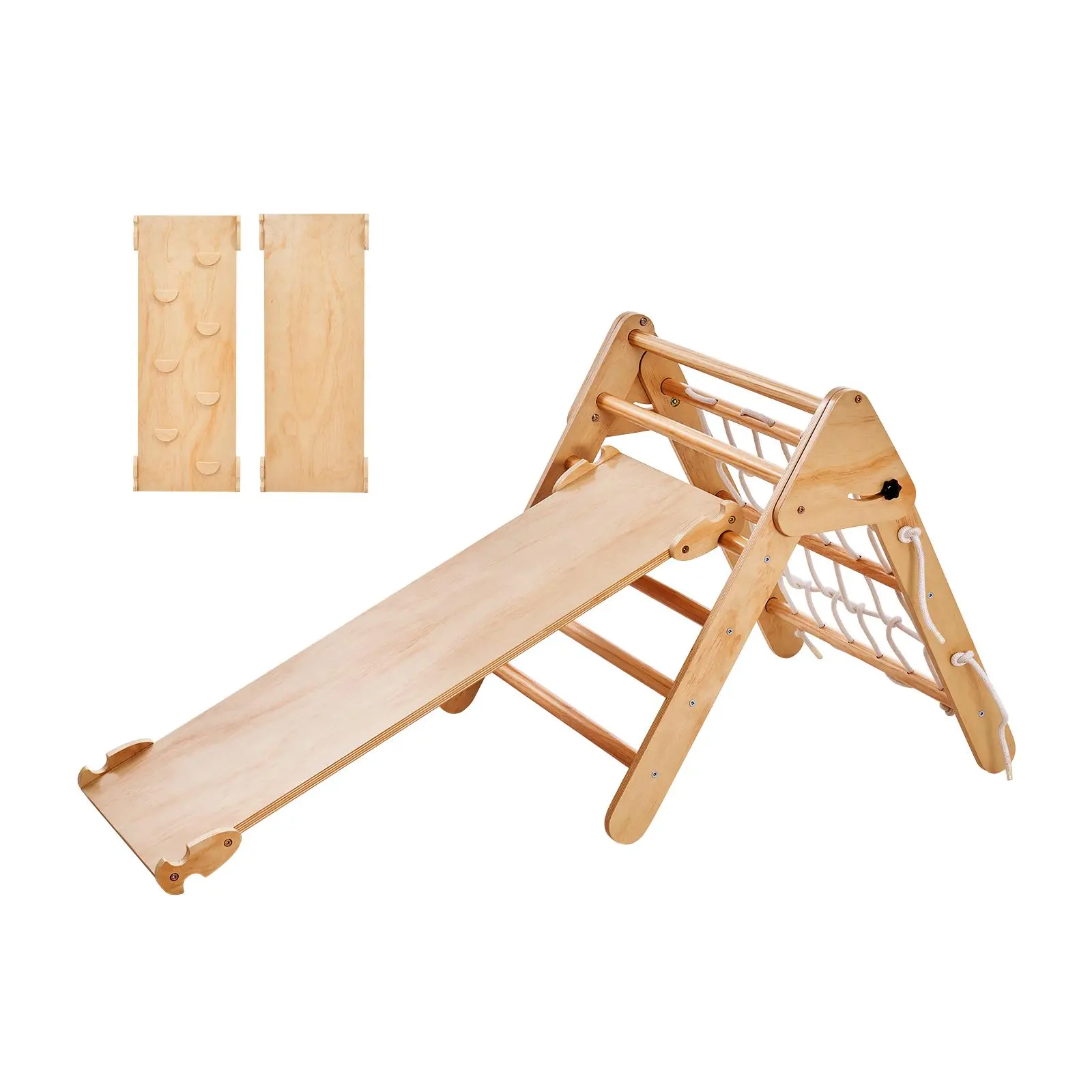VEVOR Pikler Triangle Set,  4 in 1 Toddler Climbing Toys Indoor Playground, Large Size Wooden Climbing Gym for Toddlers 1-3 Years, Montessori Climbing Set with Triangle and Ramp, Wood Color