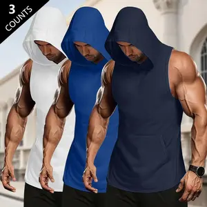 3 Pack Men's Sports & Casual Hooded Tank Top - Lightweight Polyester with Kangaroo Pocket, Slight Stretch Regular Fit Short Sleeve Shirt Suitable for Spring/Summer Running & Outdoor Activities, Casual Wear | Sporty Style | Polyester Fleece Pullover