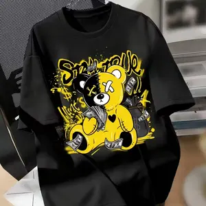 Stitching Bear & Letter Print Casual T-shirt, Crew Neck Drop Shoulder Loose Top For Spring & Summer, Women's Clothing