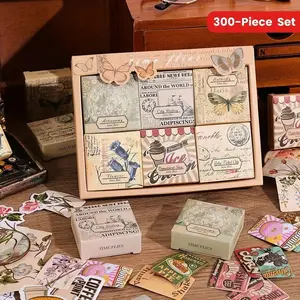 300-Piece Glossy Vintage Stickers Set - Irregular Shapes, Paper Material - Decorative Scrapbook Stickers, Diary Sticker for Journals, Planners, DIY Crafts & Journaling Supplies, Back-to-School Season, Birthday Gifts, and Journal enthusiasts