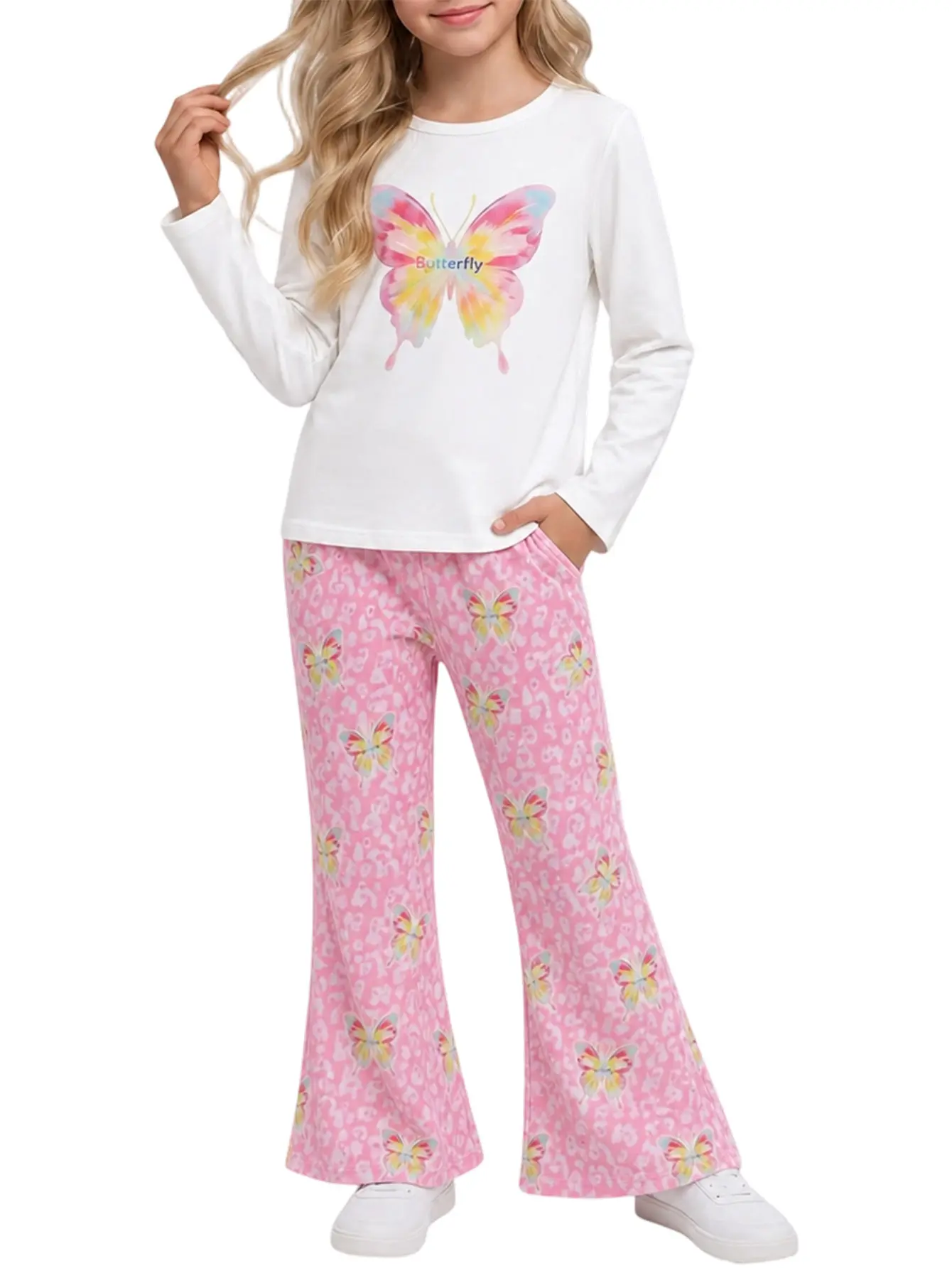 Liwliw Girls Butterfly Graphic 2 Piece Outfit, Long Sleeve Crew Neck Top & Elastic Waist Allover Butterfly Print Flare Pants, Kids Casual Matching Playwear Set