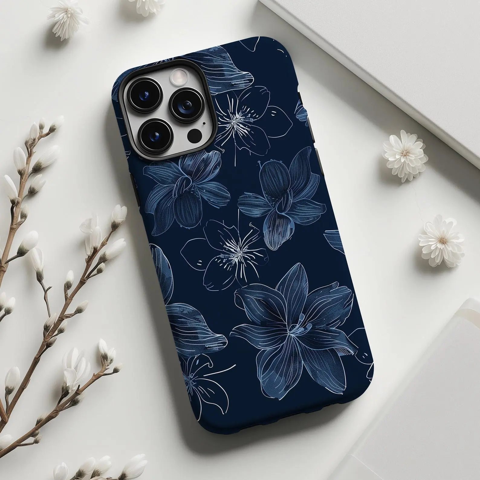 Navy blue floral aesthetic phone case cover for iPhone, Phone Cover for iPhone 17 16 15 14 13 12