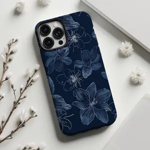 Navy blue floral aesthetic phone case cover for iPhone, Phone Cover for iPhone 16 15 14 13 12