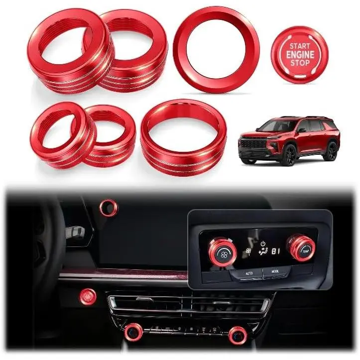 7PCS Aluminum Alloy Knob Cover Trim Set (Red) - Interior Upgrade Accessories, Control Knob Caps for Enhanced Grip, Compatible with 2024-2026 Chevy Traverse