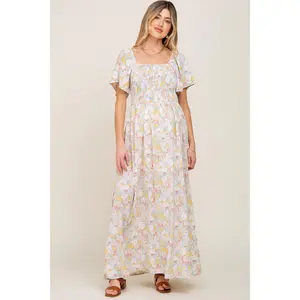 Light Blue Floral Smocked Maternity Maxi Dress