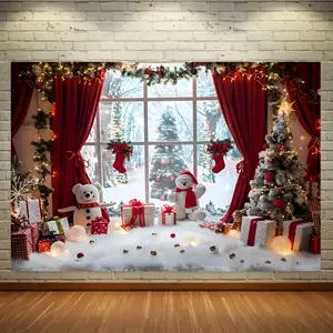1Pcs Winter Wonderland Christmas Photography Backdrop, Vibrant Village Window Scene with Snowman Trees Gifts, Perfect for Holiday Parties Home Decor Studio Props Photo Backdrops