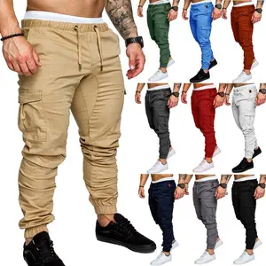 2025 New Foreign Trade Workwear Khaki Multi-Pocket Men's Cotton Jogger Pants All-Season Slim Fit Drawstring Elastic Waist Pleated Leg Outdoor Outfit Casual Fabric Menswear Classic Jackets Big Small Sneakers Tops Beige Plain
