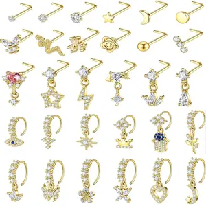 30Pcs 20G Dangle Nose Ring for Women L Shaped Dangling Nose Stud Surgical Steel Nose Ring Studs Dainty CZ Flower Heart Moon Star Dangle Rings Hoops Nose Piercing Jewelry