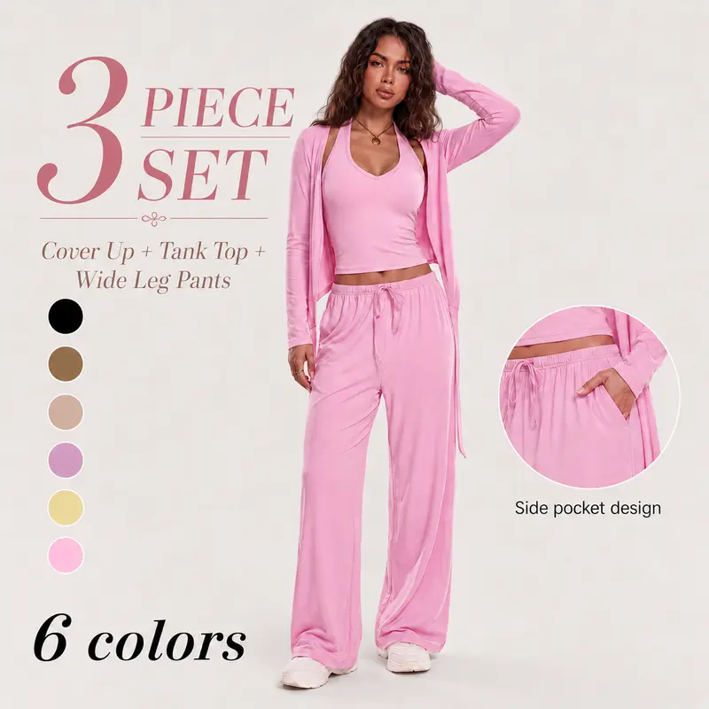 HIJESSE Women 3 Piece Set Lounge Set Wrap Tie Long Sleeve Top Cami Tank High Waist Wide Leg Pants Casual Co Ord Tracksuit Outfit