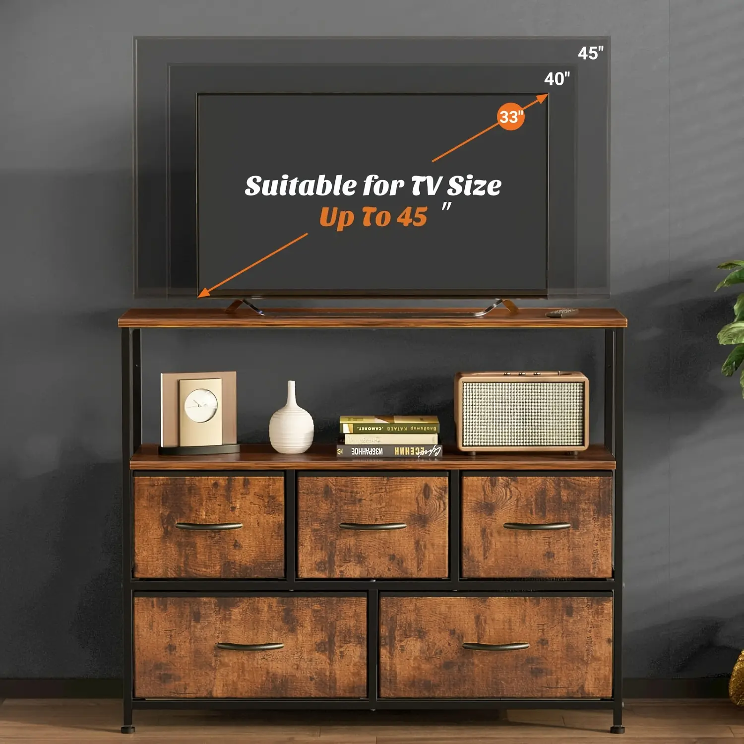 5-Drawer Cabinet Tower, Father'S Day Gift, TV Stand for Bedroom, TV Dresser for 45 Inches, Media Console Table, Entertainment Center with 5 Fabric Drawers Cabinet And Open Storage Shelf Other (Furniture) Cabinet for Living Room, Hallway