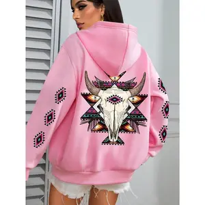 Women’s plus-size Aztec-style denim hoodie, casual drawstring sweatshirt, 100% polyester knit fabric, slightly stretchy autumn–winter pullover, animal pattern winter clothing