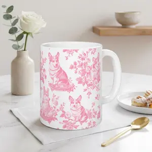 Pink Toile Corgi Mug - Coquette Corgi Toile Coffee Cup for Corgi Mom, Pembroke Welsh Corgi Lover Gifts, Dog Toile Tea Cup