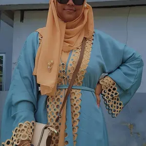 Dubai Crystal Abaya gold/light green Color with Detailed Trim and Fringe Design