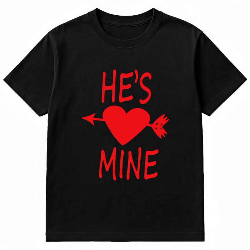 A couple's short-sleeve T-shirts with "She's Mine" and "He's Mine" printed on them.Soft and comfortable crew neck casual T-shirts, perfect for spring and summer| Fashionable Casual Style| Smooth fabric couple T-shirt Valentine's Day gift (1 piece)