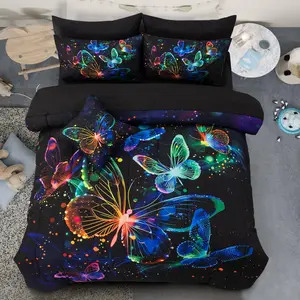 Bedding Set, 3D Butterfly Flying in Space, Glowing Butterfly 3-Piece Quilt Set, Suitable for Girls Boys Children Teens, Includes 1 Quilt 2 Pillowcases