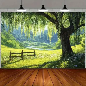 Spring Wedding Decoration, Party Background Cloth with Wooden Fence, Lush Greenery Backdrop, Multiple Sizes Available, 2D Flat Design