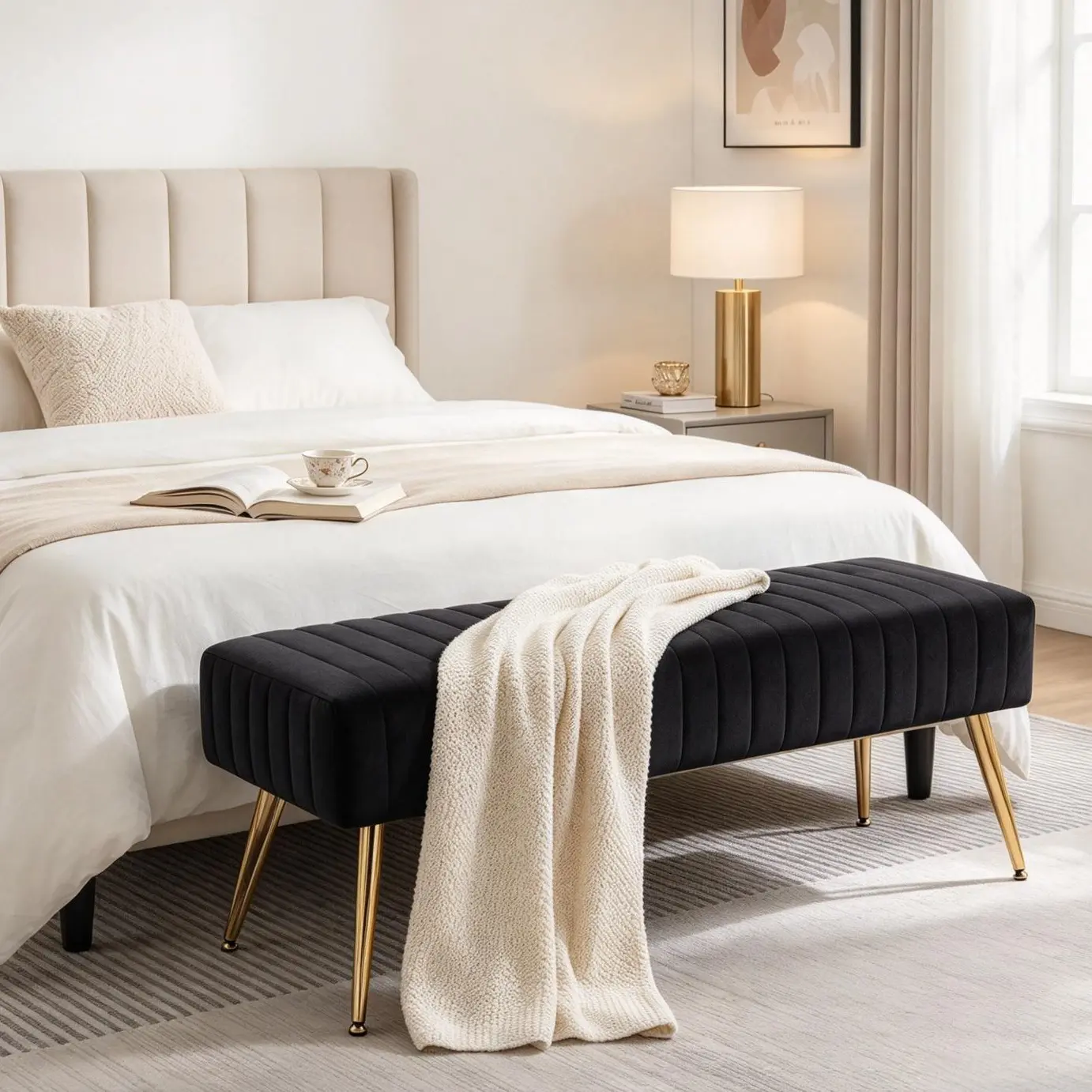 Furnimart 44 Inch Velvet Ottoman Bench Footrest Bedroom Bench End of Bed Tufting Bench with Gold Legs for Living Room Bedroom Entryway Piano Seating