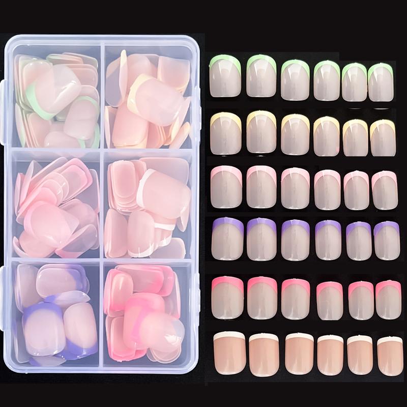 144Pcs Square Press on Nails Short - Rainbow Six Colors French Tip Design Extra Short Fake Nails Press ons, Vibrant Colors Full Cover Artificial Nails Glossy Cute Nails for Women Girls Manicure Nails Decoration and  Salon