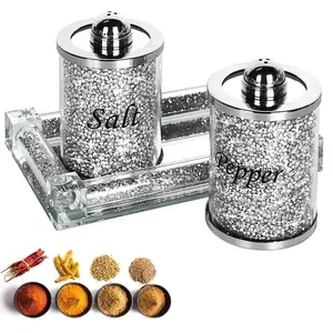 Crystal Salt and Pepper Shakers with Mirror Tray, Crystal Crushed Diamond Home Decor, Bling Glass Salt and Pepper Shakers, Sparkly Salt Pepper Glass Jar for Kitchen, Dining Table, Restaurant
