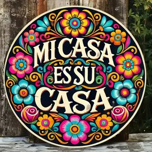 Vintage Mexican Style Round Metal Sign 8x8 Inch – "My Home Is Your Home" Colorful Floral Wall Decor for Living Room, Entryway, Kitchen & Farmhouse Home