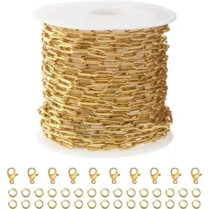 Kyutong 5M Gold PVD Plated Necklace Chain for Jewelry Making 304 Stainless Steel Paperclip Chain Roll with Lobster Clasps and Jump Rings for Men Women Making Jewelry Craft Support Jewelry Findings