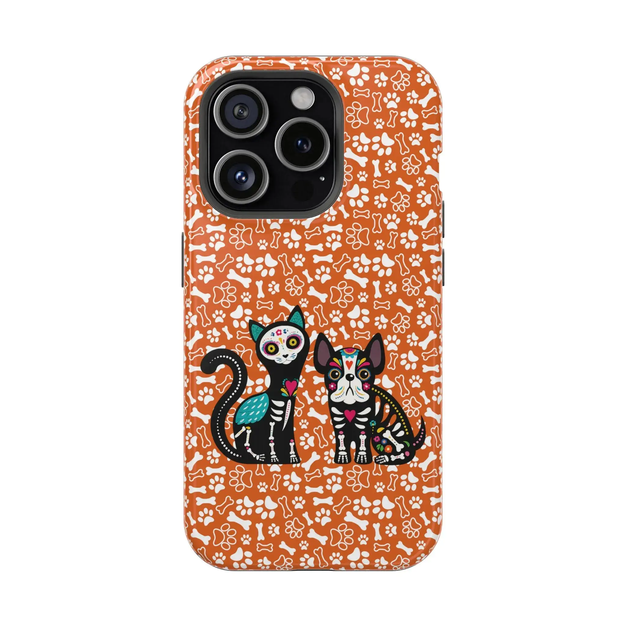 Halloween Pet Phone Case, Sugar Skull Cat Dog Tough Case - MagSafe Tough Case for iPhone 12–17 Series, Cute Spooky Pet Lover Gift