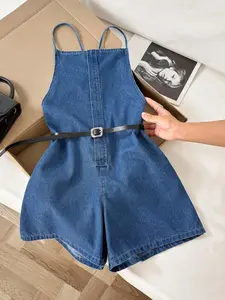 Elegant Backless Denim Jumpsuit for Women, Tie-Waist Slimming Wide Leg Shorts, Summer Fashion One-Piece