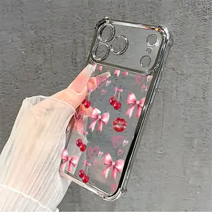 Cherry Bow Four Corner Airbag Anti-Collision Electroplated Soft&Flexible TPU Silicone Phone Case For iPhone 17 Pro Max AIR 16 15 14 13 12 11 Plus XSMAX Cases Durable|Shockproof|Full Camera Protection|Gift For Men Women